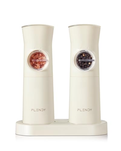 Flendy Gravity Electric Salt and Pepper Grinder Set with Charging Base | USB-C Charging Base, Gravity-Activated, Automatic, Rechargeable, Dust Cover, Large Capacity, Slim, Kitchen Housewarming Gift - color: Cream