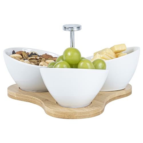 Restaurantware-15 Ounce Bowl Set with Tray - 1 Dishwashable Serving Set, Includes 3 Porcelain Bowls And 1 Bamboo Tray, Durable, White Porcelain And Bamboo Bowl And Platter Kit, Reusable, Freezable - size: Triple set, style: Incline