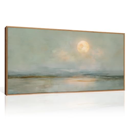 LHIUEM Large Abstract Moon Green Framed Canvas Wall Art Set,Minimalist Beige Gray Wall Decor, Nature Lake Landscape Art Painting for Living Room,Bedroom,Dining Room,Office - 20"x40"x1 - color: Abstract Moon Green Wall Art, size: 20''x40''x1