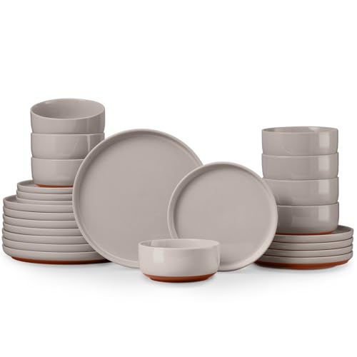 E-far 24-Piece Ceramic Dinnerware Sets, Plates and Bowls Sets for 8, Stoneware Dishware Dishes Set with Terracotta Base, Chip & Scratch Resistant, Microwave & Dishwasher Safe, Speckled Khaki - color: Warm Taupe, size: Service for 8