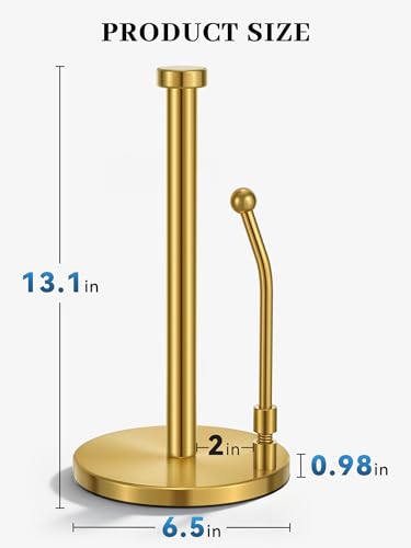 SMARTAKE Paper Towel Holder Countertop, Non-Slip Weighted Base, Gold | Freestanding Kitchen Roll Dispenser, Rustproof Stainless Steel, Spring Arm for Easy Tear, Widden Top, with 4 Suction Cups - color: 03-gold
