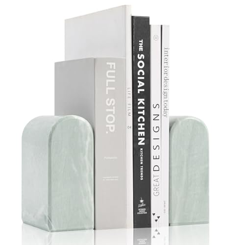 Luxury Marble Bookends for Shelves, 13LB Heavy Duty Marble Book Ends | Stone Bookends Decorative, Polished, Light Green Arch, Set of 2 - color: Light Green, size: 2.5×4.7×5.7 Inch