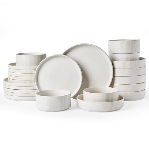 Famiware Star Stoneware Dinnerware Sets with Pasta Bowls, 24pc Dishes for 6 | Ceramic Plates and Double Bowls. Chip & Scratch Resistant. Microwave & Dishwasher Safe, Everyday & Formal Dining, Matte White - color: Matte White, size: Service for 6 - Double