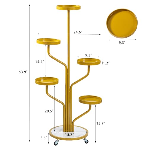 CHPHI 5 Tier Indoor Plant Stand Wrought Iron, Tall Metal Plant Stand with Wheels, Metal Rolling Plant Shelf with 5 Trays, Multi-tier Rolling Display Stand for Home and Office(Gold)