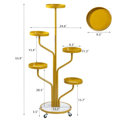 CHPHI 5 Tier Indoor Plant Stand Wrought Iron, Tall Metal Plant Stand with Wheels, Metal Rolling Plant Shelf with 5 Trays, Multi-tier Rolling Display Stand for Home and Office(Gold)
