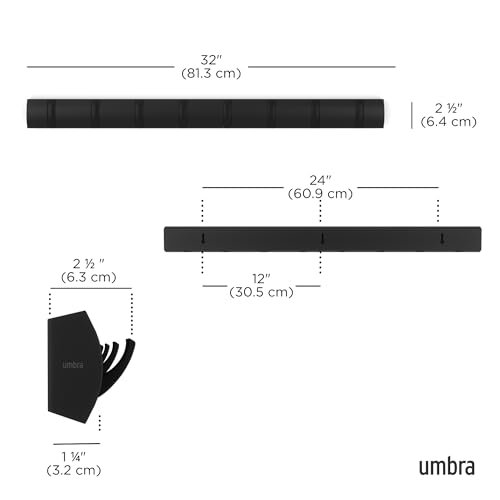Umbra Flip Coat Rack, Wall Mount 8-Hook, Space Saving, Black | Real wood and steel build, retractable hooks fold flat, holds coats bags and scarves, easy install - color: Black/Black, size: 8-Hook