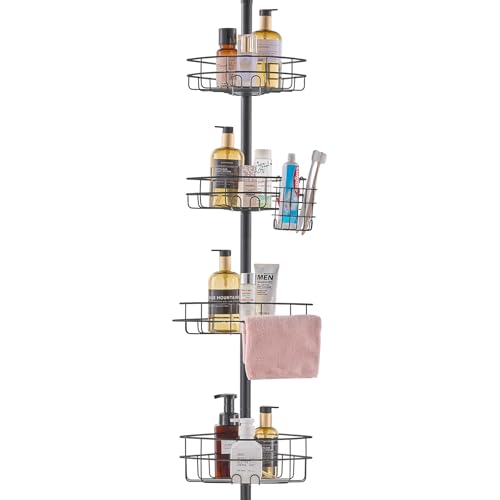 VEVOR Corner Shower Caddy Tension Pole, 4 Tier Adjustable Rustproof Organizer Shelves for Bathroom & Washroom, 42-114inch High, Black