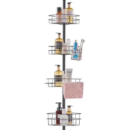 VEVOR Corner Shower Caddy Tension Pole, 4 Tier Adjustable Rustproof Organizer Shelves for Bathroom & Washroom, 42-114inch High, Black