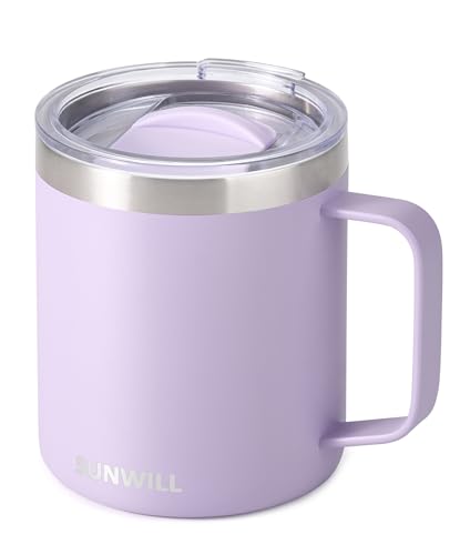 SUNWILL Travel Coffee Mug with Lid, Insulated Tumbler with Handle, 14 oz Stainless Steel Cup for Home, Office, Camping, Powder Coated Orchid - color: Powder Coated Orchid