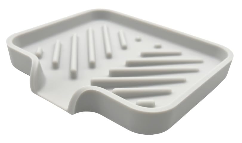 Silicone Soap Dish Tray and Sponge Holder with Drain Chute and Feet | 3-Way Sloped Design | Bathroom and Kitchen Sink Organizer Caddy (Light Grey, 5"x4", 3.5 Ounces) - color: Light Grey, size: 5"x4"