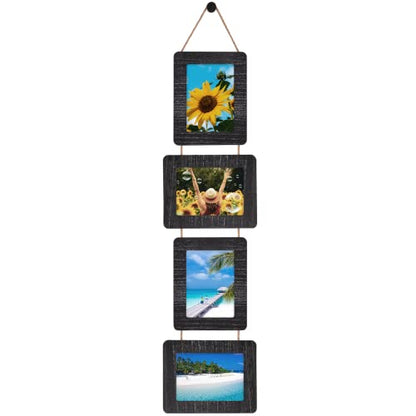 5x7 Collage Picture Frame, 4 Opening, Rustic Wood, Weathered Black | Wall-Mounted Hanging Design, Displays 4x6 Photos with Mat or 5x7 Photos Without Mat, Three-Opening Layout - color: Weathered Black, size: 4 Opening
