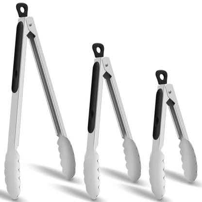 Hotec Stainless Steel Kitchen Tongs Set of 3-7", 9" and 12", Locking Metal Cooking Tongs with Non-Slip Grip for BBQ, Grill, Air Fryer & Serving - size: 3 pack: 12, 9, 7 inch