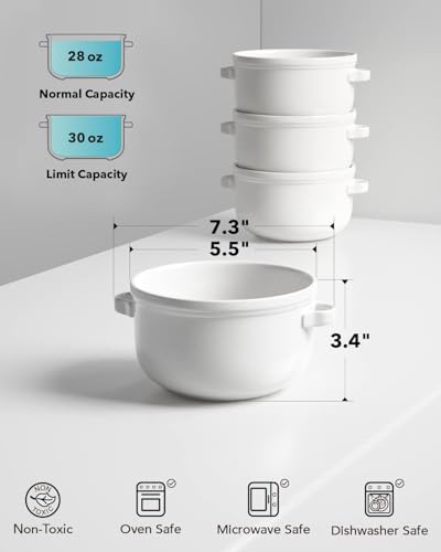 LE TAUCI Soup Bowls With Handles 28 oz, French Onion Soup Bowl for Chili, Beef Stew, Cereal, Ceramic Soup Crocks oven Safe, Microwave Dishwasher Safe - 5.5 inch, Set of 4, White - color: White