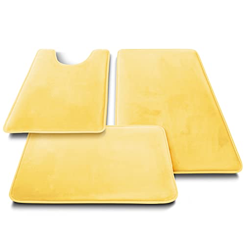 Clara Clark 3 Piece Bathroom Rugs Bath Mat Set, Velvet Memory Foam Bath Mats for Bathroom - Non-Slip, PVC Backing Bath Rugs, Washable - Dries Quickly, Yellow - color: Mellow Yellow