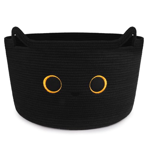 Large Black Cat Basket for Nursery,Cute Cat Woven Laundry Blanket Cotton | Rope Extra Storage Basket with Handles, 0rganize Decorative Gifts for Towels Pillow Clothes Hamper Toy Bin,23"D×13"H - color: Black, size: 23 × 13 inches