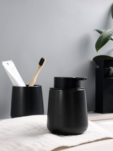 Bosilunlife Soap and Toothbrush Holder Set - Ceramic Bathroom Accessories Set Black Foaming Hand Soap Dispenser Set Bathroom Counter Toothbrush Holder and Soap Dispenser Set - color: Black-rounded Base Foam