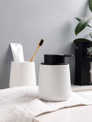Bosilunlife Soap and Toothbrush Holder Set - Ceramic Bathroom Accessories Set White Liquid Hand Soap Dispenser Set for Bathroom Toothbrush Holder and Soap Dispenser Set - color: White-rounded Base Liquid Pump & Toothbrush Holder