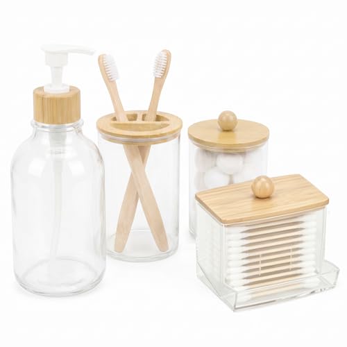 Bamboo Bathroom Accessories Set 4 Pcs, 1 Qtip Holder,1 Soap Dispenser, 1 Toothbrush Holder, 1 Cotton Swab/Ball/Pad Container