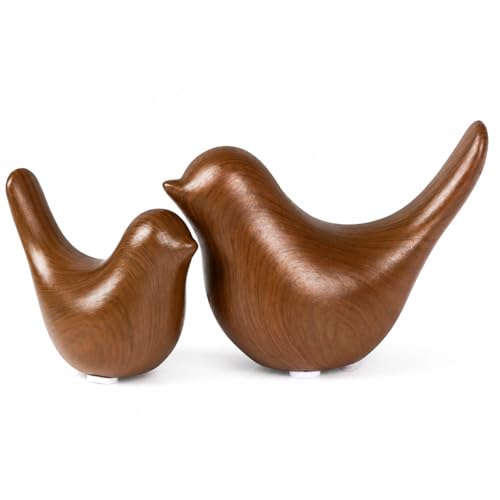 Ceramic Bird Figurines, Dark Wood Grain, 2 Pcs | Animal figurines for bookshelf decor, coffee table decor, mantel decor, office desk decor, and bird gifts for bird lovers - color: Dark Wood Grain
