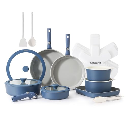 SENSARTE 24 Piece Ceramic Detachable Handle Pots and Pans Set Navy | Ceramic Cookware Set, Induction Cookware Set with Removable Handle, Healthy Non Stick for RV, Dishwasher ＆ Oven Safe - color: Navy, size: 24 Piece