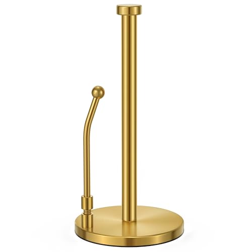 SMARTAKE Paper Towel Holder Countertop, Non-Slip Weighted Base, Gold | Freestanding Kitchen Roll Dispenser, Rustproof Stainless Steel, Spring Arm for Easy Tear, Widden Top, with 4 Suction Cups - color: 03-gold