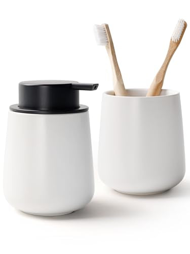 Bosilunlife Soap and Toothbrush Holder Set - Ceramic Bathroom Accessories Set White Liquid Hand Soap Dispenser Set for Bathroom Toothbrush Holder and Soap Dispenser Set - color: White-rounded Base Liquid Pump & Toothbrush Holder