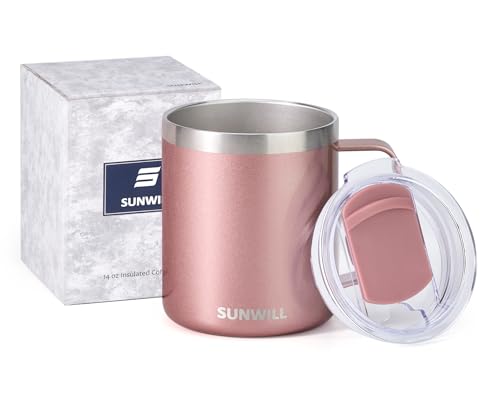 SUNWILL Travel Coffee Mug with Lid, Insulated Tumbler with Handle, 14 oz Stainless Steel Cup for Ice, Water, Tea, Rose Gold - color: .Rose Gold