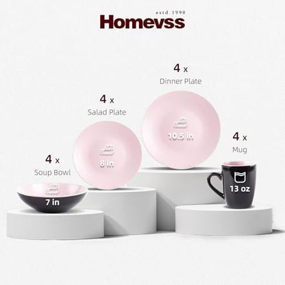 HomeVss Stoneware Two-Tone Colors Life 16pc Dinner Set，Outside Shiny Black + Inside Matte Glaze Rose - color: Rose, size: 16pc Set