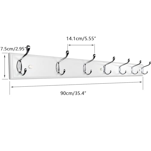 Wooden Wall Mounted Coat Rack – 35 Inch, White with 7 Silver Hooks for Entryway, Hallway, Bedroom - size: Long-35.4in(90cm),7 Silver Hooks, style: Modern