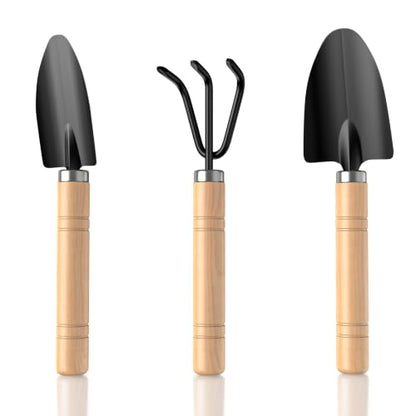 3 Pcs Mini Garden Tool Set with Small Trowel, Mini Shovel & Hand Rake | Iron Gardening Hand Tools with Wood Handle, Potting & Transplanting Tool Kit for Houseplants, Succulents, Herbs & Flowers - color: natural wood-3pcs