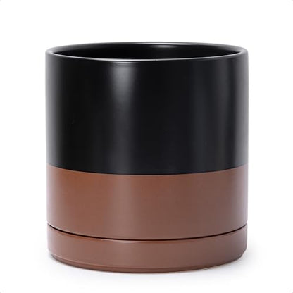 D'vine Dev 10 Inch Ceramic Planter Pot, Black/Tan, 94-O-E-7 | Modern Cylinder Design, Drainage Hole & Saucer Included, Stable Structure, Elegant Home Accent - color: Black/Speckled Tan, size: Large