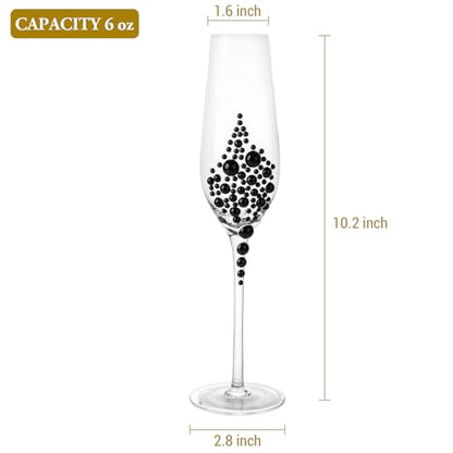 MyGift Champagne Flutes 6 oz, Clear Glass Stemmed Toasting Glasses with Faux Black Pearls – Wedding, Bridal Shower & Bachelorette Party Glassware Set of 4 - color: Black