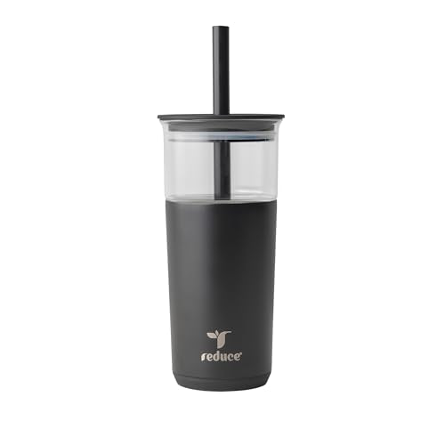 REDUCE Aspen - 20oz Vacuum Insulated Glass Tumbler - Extra Wide Straw & Lid | Keeps drinks cold for 12 hours, ideal for iced coffee, smoothies & boba, dishwasher safe, soft base - color: Phantom