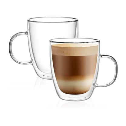 CNGLASS Double Wall Glass Coffee Mugs 12 oz,Insulated Glass Coffee Cups with Handle,Clear Espresso Mugs for Cappuccino,Latte,Tea Bags,Hot and Cold Beverages,Set of 2 - size: 12oz