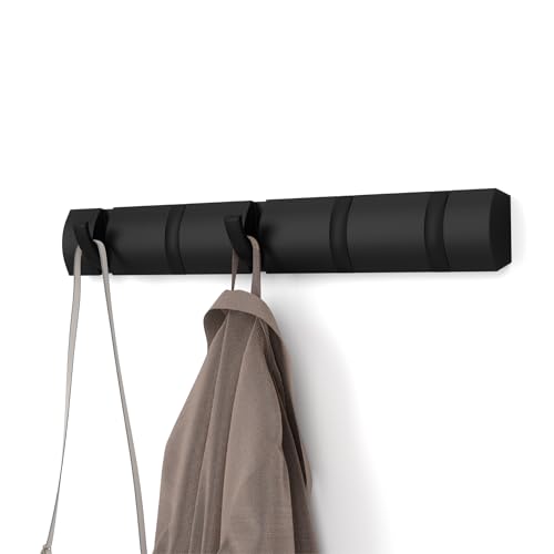 Umbra Flip Coat Rack, Wall Mounted 5-Hook Space Saving, Black/Black | Real wood and steel build, retractable hooks fold flat, holds coats bags and scarves, easy install - color: Black/Black, size: 5-Hook