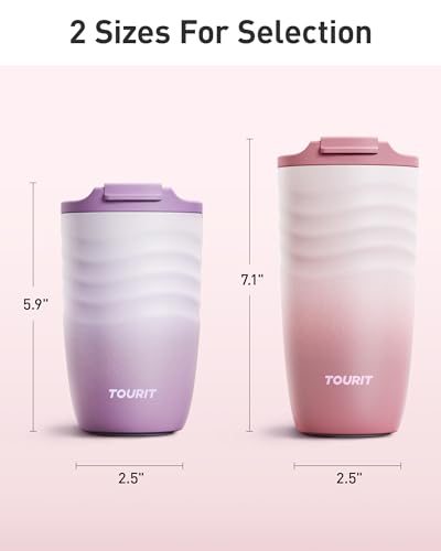 TOURIT 16 oz Insulated Travel Coffee Mug Stainless Steel Tumbler, Lilac | Vacuum insulated travel mug with ripple-wave anti-slip grip, leakproof lid & silicone bottom, fits standard car cup holders - color: Lilac, size: 16 Ounces