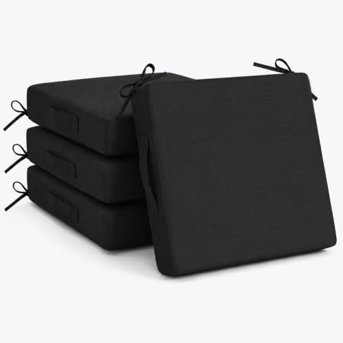 Outdoor Chair Cushions Set of 4, 19x19 Waterproof Patio Pads, Black | Fade resistant fabric with ties, handle and 3-inch foam for dining seats, decks, porches, gardens and hard seating - color: Black