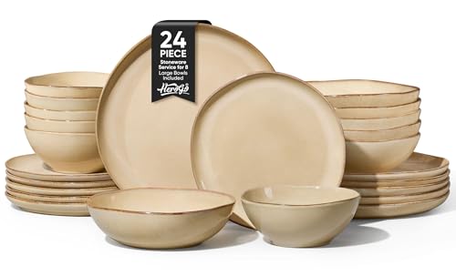 Herogo Dinnerware Sets for 6, 24pcs Stoneware Dinner Dish Set, Irregular Handmade Plates and Bowls Dishware, Crack and Scratch Resistant, Microwave & Dishwasher Safe, Cream Khaki - color: Cream Khaki, size: 6 Set (24pcs)