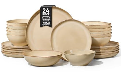 Herogo Dinnerware Sets for 6, 24pcs Stoneware Dinner Dish Set, Irregular Handmade Plates and Bowls Dishware, Crack and Scratch Resistant, Microwave & Dishwasher Safe, Cream Khaki - color: Cream Khaki, size: 6 Set (24pcs)
