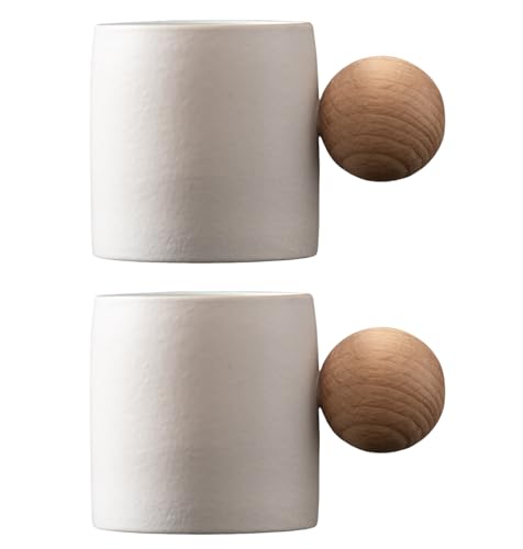 2-Oz Ceramic Espresso Cups with Wood Handle, 2/4-Piece Set for Coffee, Tea, Latte - Dishwasher Safe, Multi-Color & Wood Styles, Gift & Café Use (white, Round Handle2) - color: White, size: Round Handle2