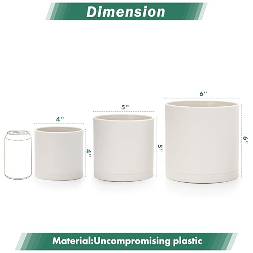 D'vine Dev 3-Pack Plastic Pots & Saucers, 4/5/6 in, Oatmeal, 74-V-H-1 | Multi-Size Options, Lightweight Durable, Matte Finish, Cylinder Shape, Drainage Holes, Sleek Design, Detachable Saucer - color: Oatmeal, size: Small