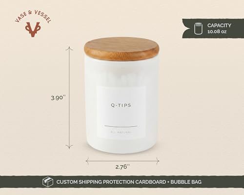 Mini Glass Apothecary Jars with Bamboo Lids, Small Bathroom and Kitchen Storage Containers, For Cotton Balls, Pads and Swabs, 10 oz, Set of 3, White - color: White