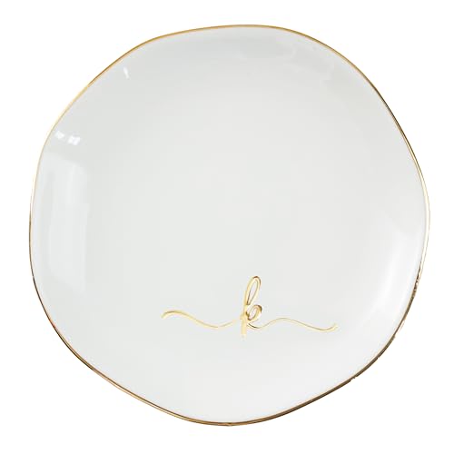 InnoBeta Jewelry Tray, Initial Ring Dish, Ceramic Trinket Dish, Letter K | 4.75-inch ceramic initial dish with a gold-tone rim organizes rings, earrings, and small jewelry on a vanity. - color: K