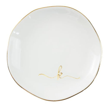 InnoBeta Jewelry Tray, Initial Ring Dish, Ceramic Trinket Dish, Letter K | 4.75-inch ceramic initial dish with a gold-tone rim organizes rings, earrings, and small jewelry on a vanity. - color: K
