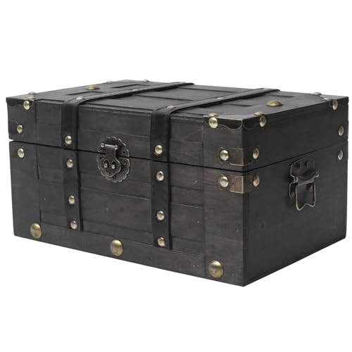 Vintage Wooden Treasure Chest,Decorative Pirate Box with Sturdy Hinged Lid | Antique Style Storage Trunk for Classroom, Keepsakes, & Party Props, Black, 11" - color: Black, size: 11x7.1x5.5