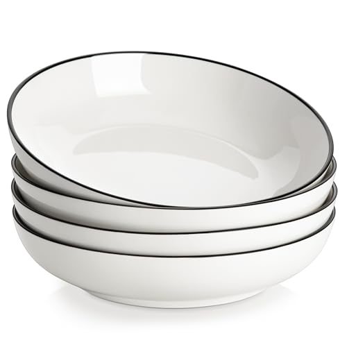 MALACASA 8.85" Large Pasta Bowls, 42 OZ White Salad Bowls Soup Bowls, Porcelain Serving Bowls Set of 4, Ivory White & Black Rim, Microwave & Dishwasher Safe, Series REGULAR - color: Ivory White (Black Rim), size: 42 Oz (4 Piece)