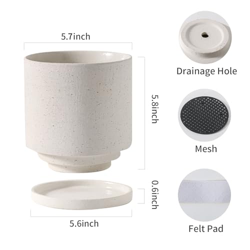 Nihow Ceramic Plant Pot with Resin Figure/Drainage Hole & Saucer,5.7 Inch | White, Cylinder Planters, Art Modem Design, Home Garden Patio Office - color: White+rt, size: 5.7 Inch