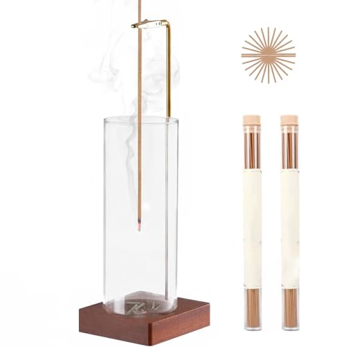Anti Ash Flying Incense Burner with 80 Pcs Incense Sticks, Wood Incense Holder, Removable Glass Ash Catcher, Incense Burner Holder for Home Decor Meditation Yoga Spa