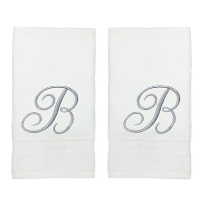 Monogrammed Fingertip Towels, Personalized Gift, 11 x 18 Inches - Set of 4 - Silver Script Embroidery - Extra Absorbent 100% Turkish Cotton- Soft Terry Velour- for Bathroom, Kitchen and Spa- B White - style: Initial B