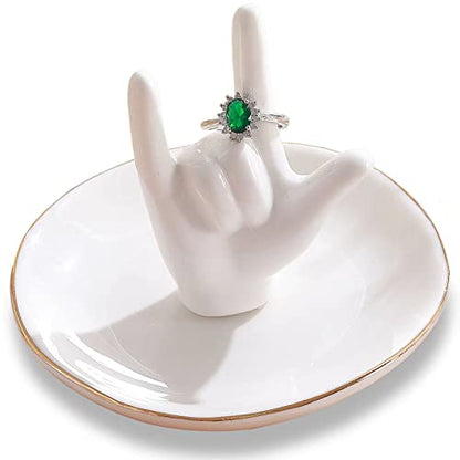 PUDDING CABIN Ring Holder - I Love You Hand, Ceramic Jewelry Dish, Valentine's Day, Wedding, Birthday, Mothers Day Gifts for Women - style: I love you Hand